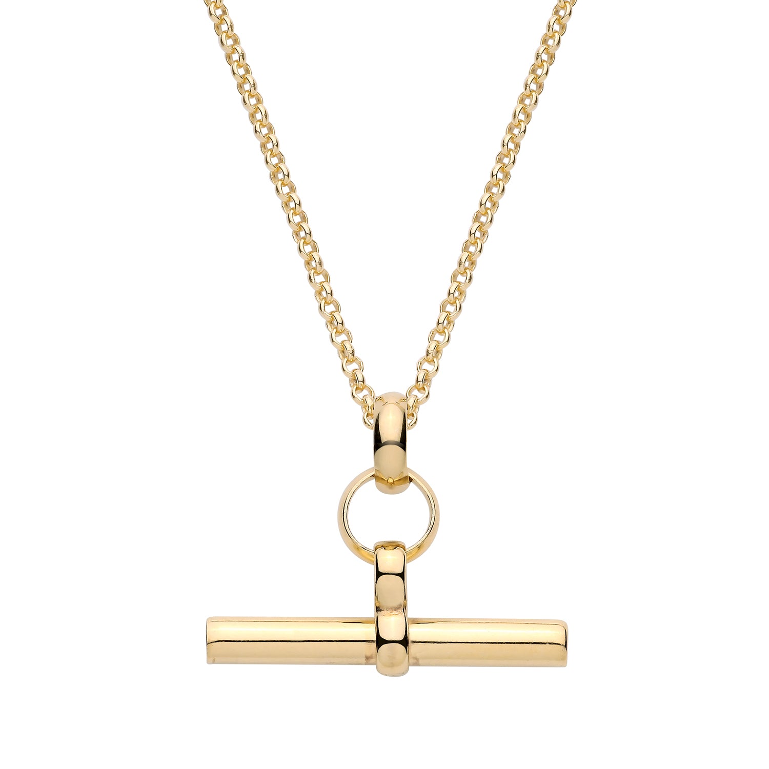 gold T-bar pendant necklace on a belcher chain, featuring a polished T-bar drop and circular link detail