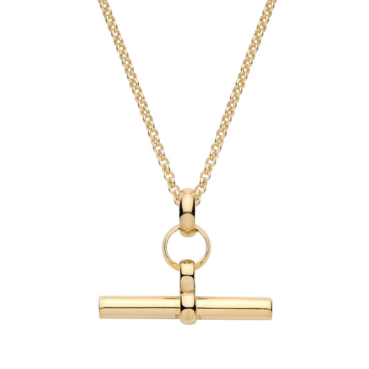 gold T-bar pendant necklace on a belcher chain, featuring a polished T-bar drop and circular link detail