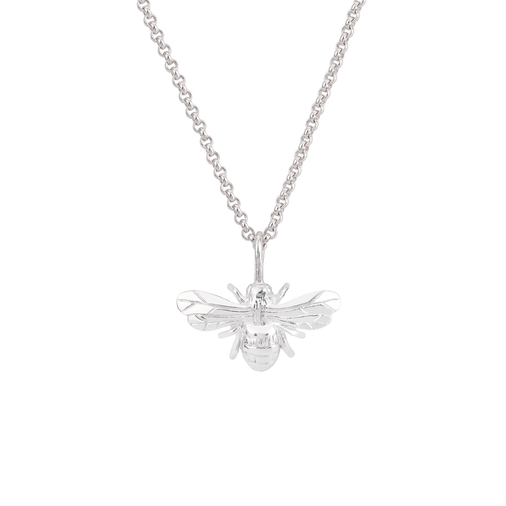 Handmade sterling silver bee necklace pendant on a belcher chain, made in England